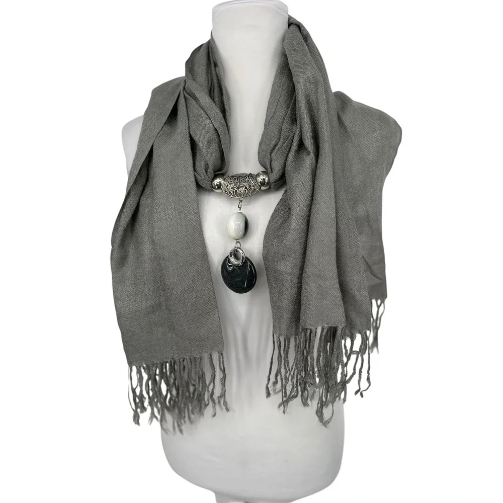 Pashimina Scarf Women OS Gray Beaded Pendant Fringe Shawl Wrap Boho Chic 29x68